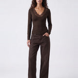 Lia Lace V Top Chocolate - front view