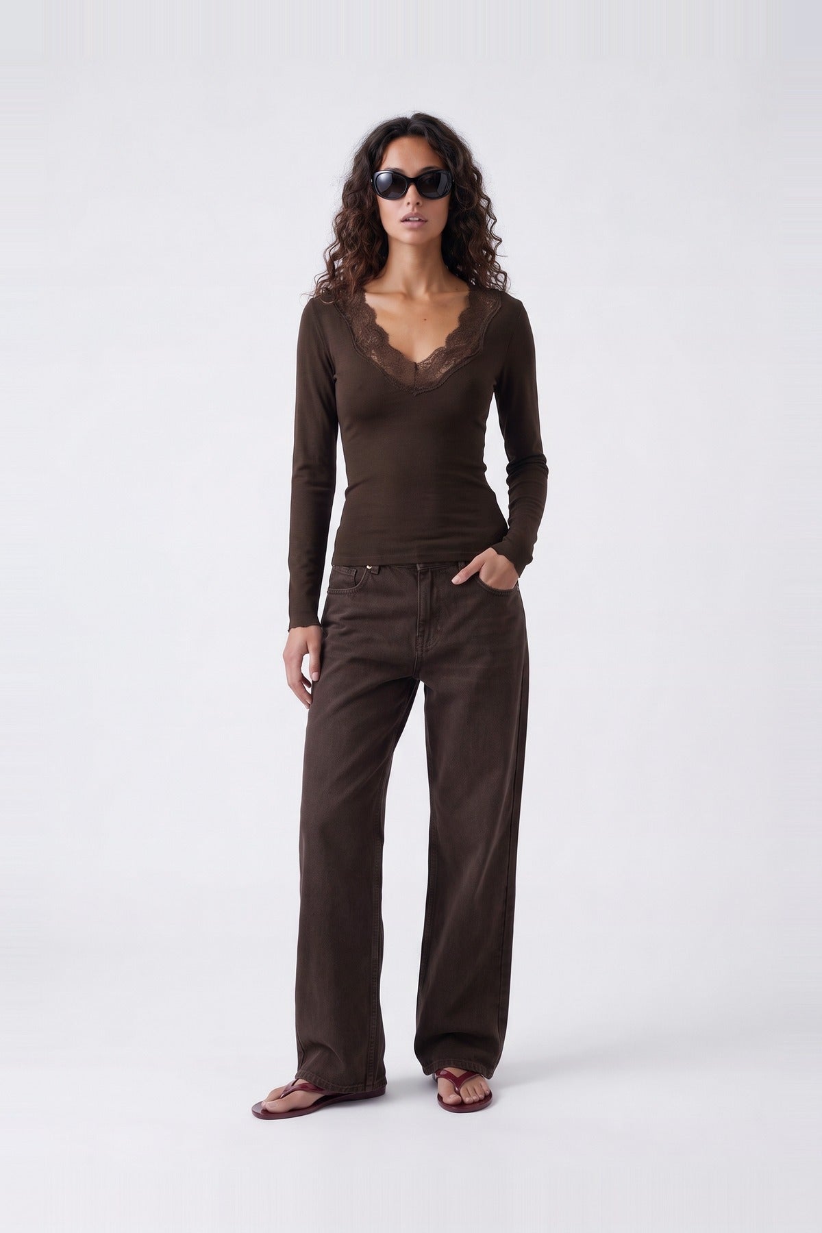 Lia Lace V Top Chocolate - front view