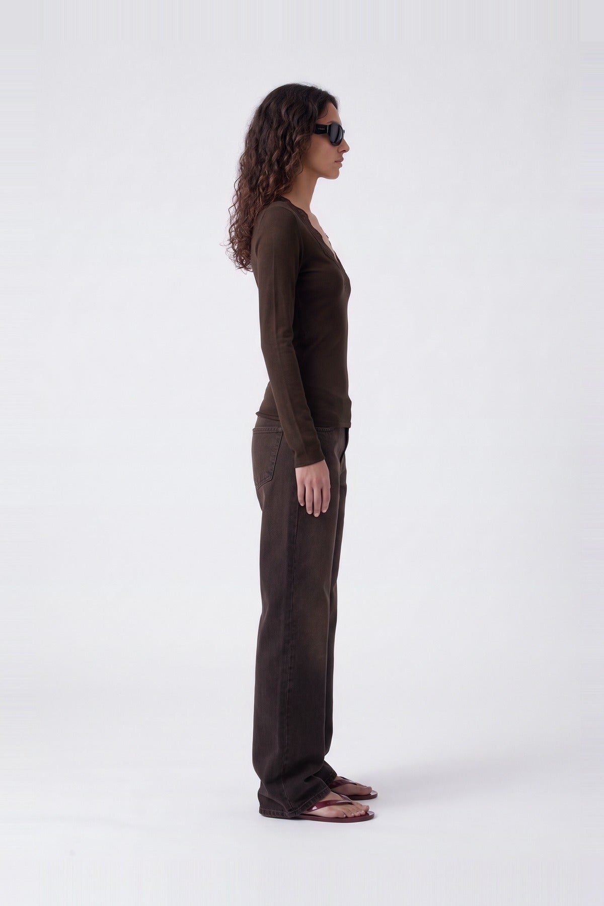 Lia Lace V Top Chocolate - side view