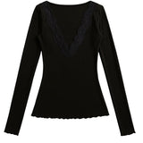 Lia Lace Trim Long Sleeve Top - Black