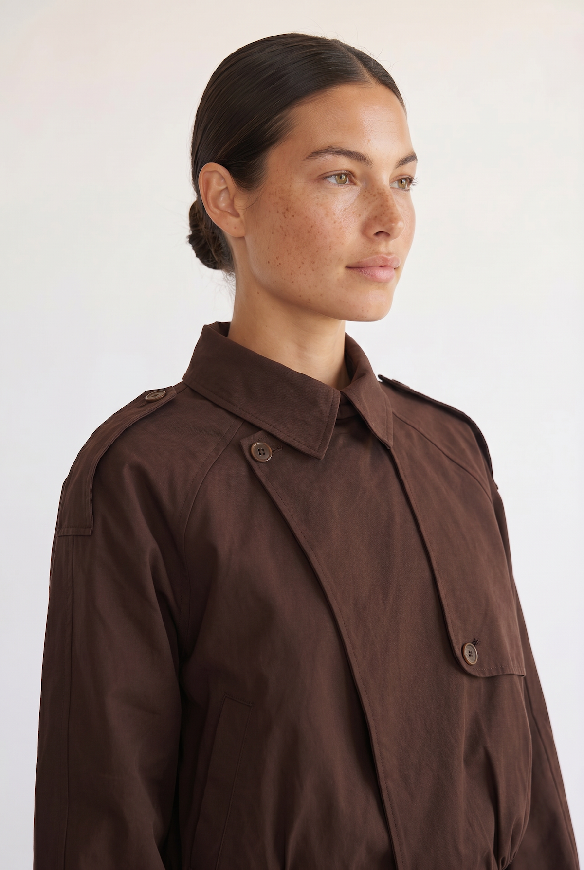 Darcy brown cropped trench coat, full-length front view