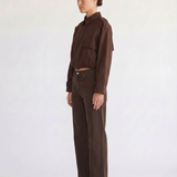 Darcy brown cropped double-breasted trench coat, fabric detail