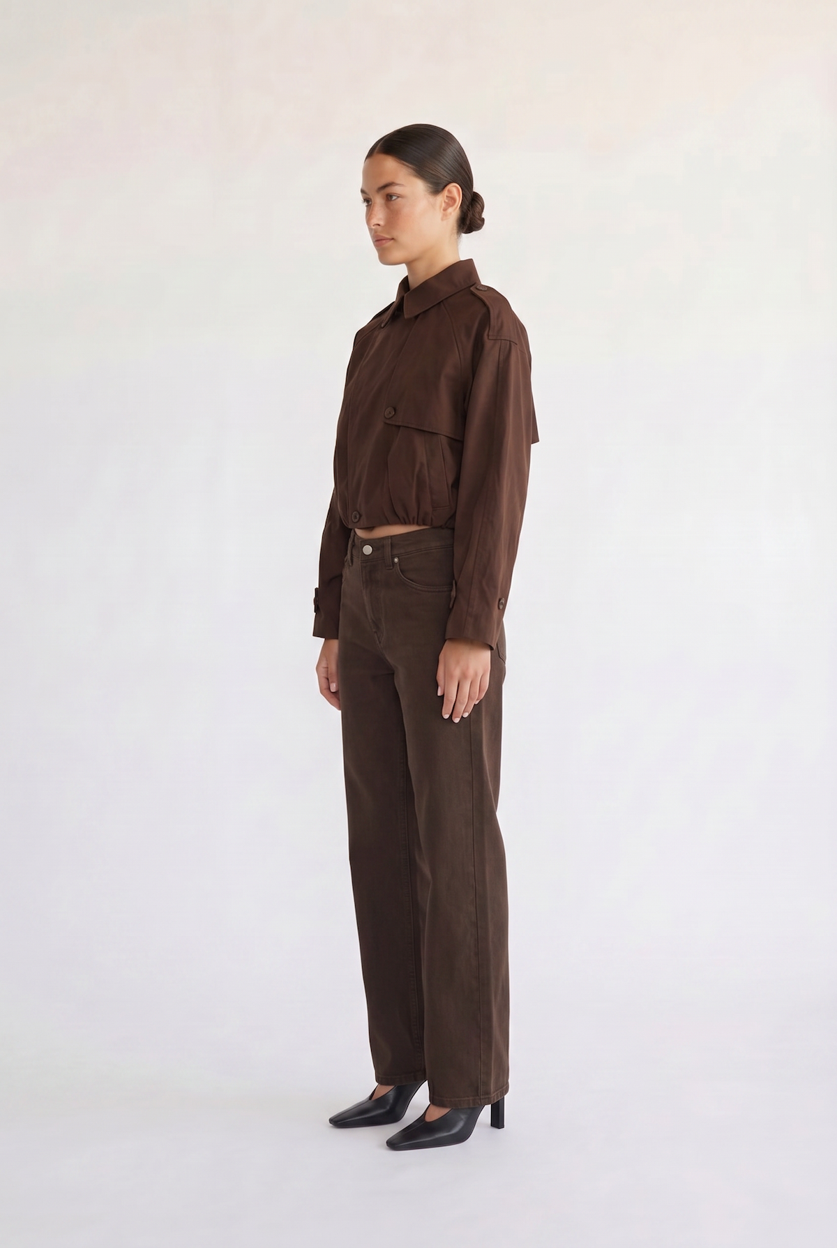 Darcy brown cropped double-breasted trench coat, fabric detail