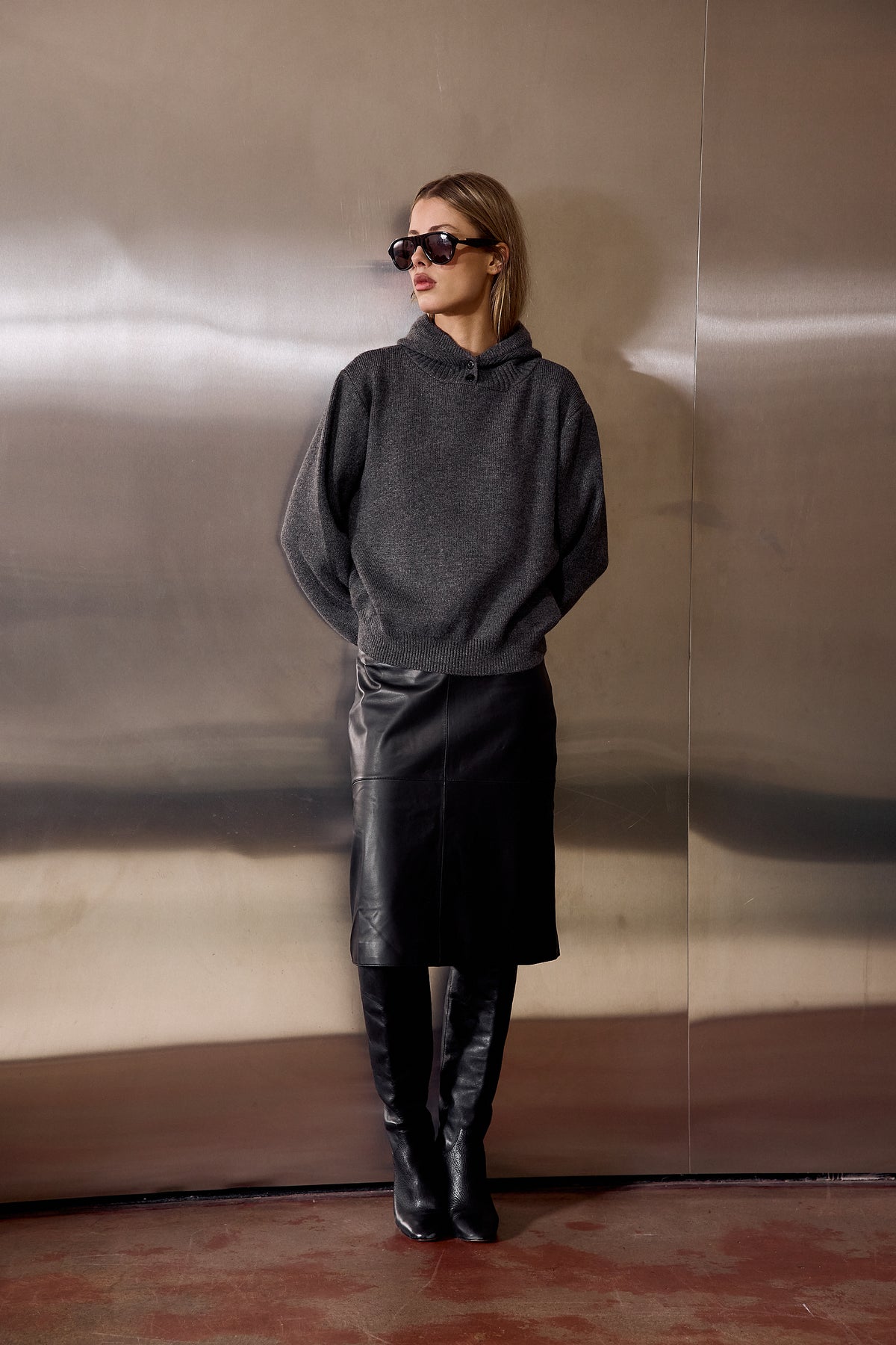 Esme Leather Midi Skirt in Black – styled view