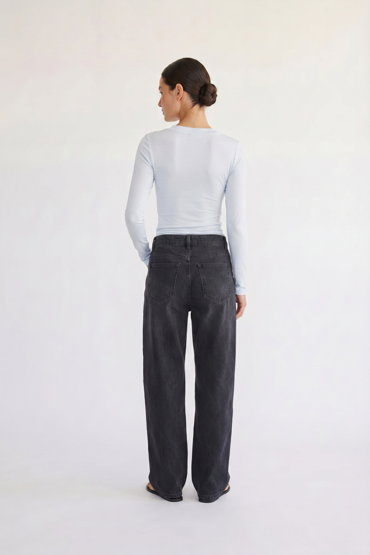 Margaux baby blue deep v henley top, three-quarter view