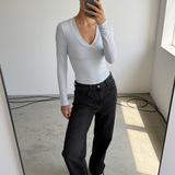 Model styling the Margaux baby blue deep v henley top
