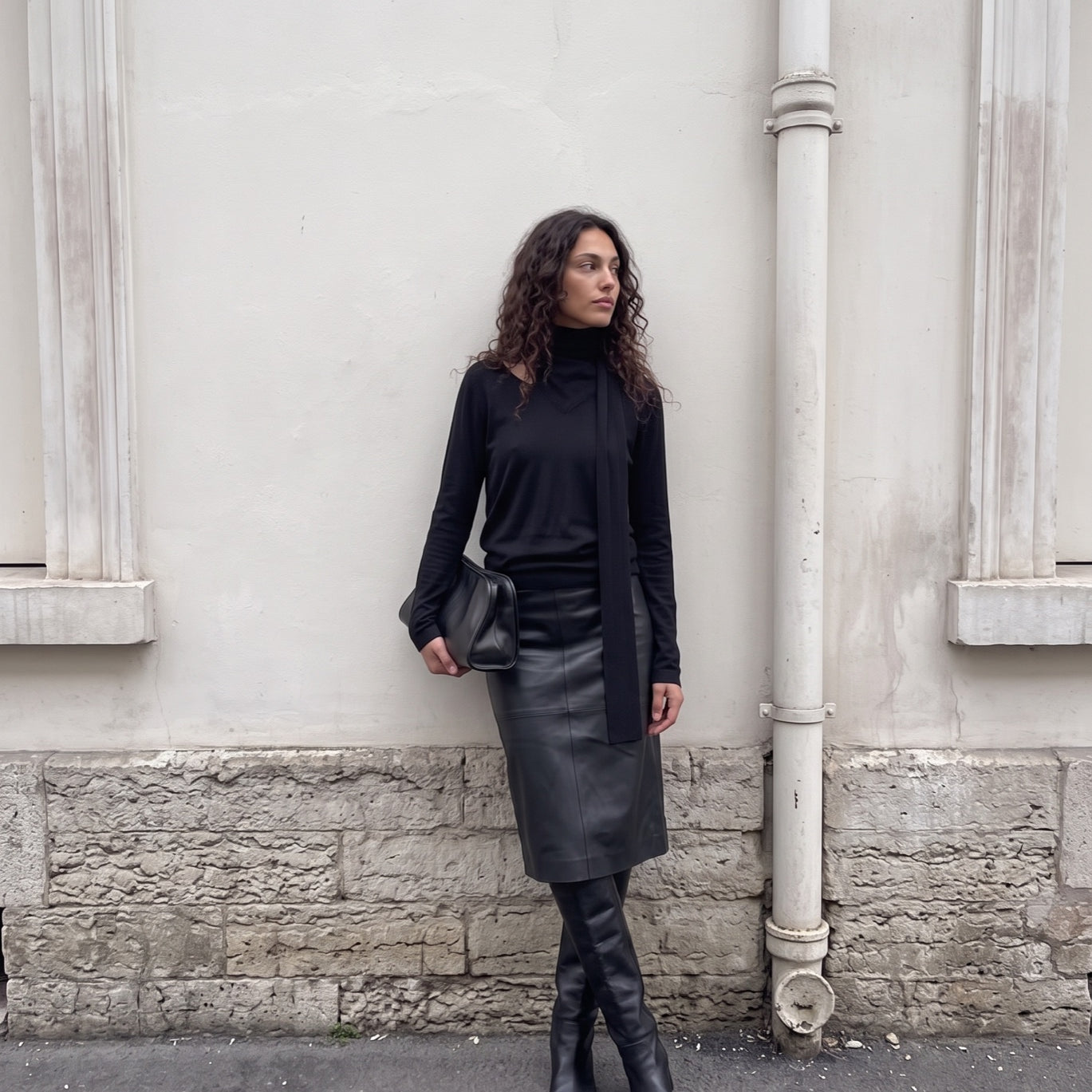 Style Addict all black tie neck knit top and leather midi skirt