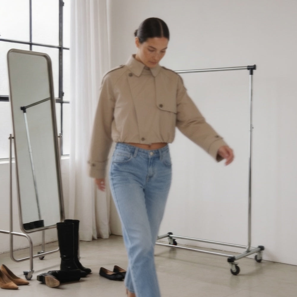 Beige cropped trench coat with blue denim, Best Sellers
