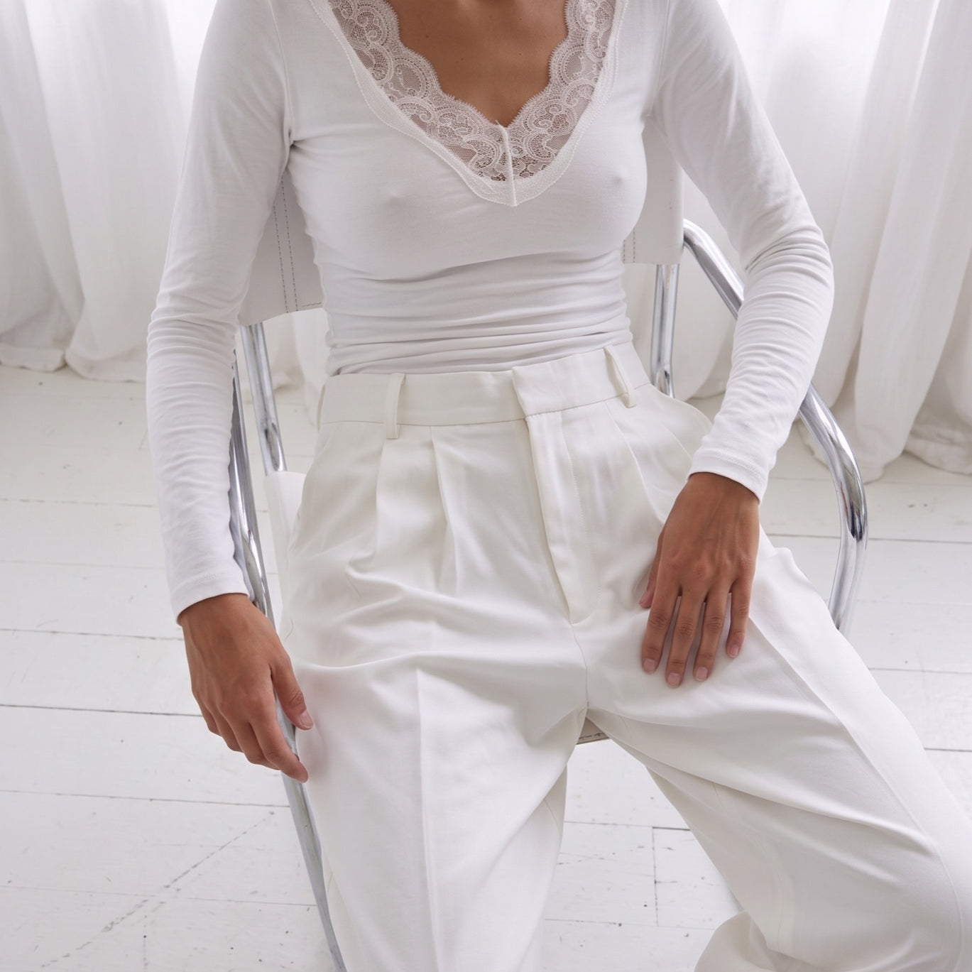 Lia lace trim long sleeve top in white
