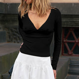 V Neck Long Sleeve Top - Black