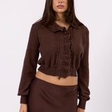 Clara brown knit cardigan, pointelle and scalloped collar detail