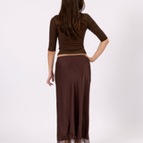 Valerie brown satin lace skirt, three-quarter view