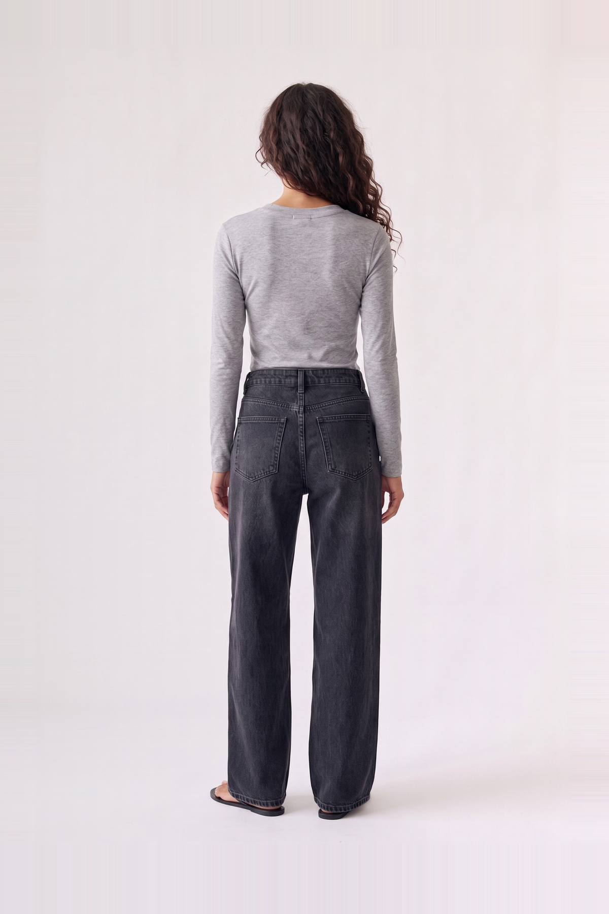 Margaux Deep V Henley Top in grey — back view of the soft stretch henley