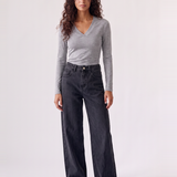Margaux Deep V Henley Top in grey — front view of the soft stretch henley with deep V neckline