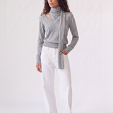 Wren Top in light grey — front view of the soft knit long-sleeve top with attached draped scarf