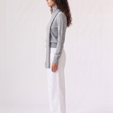Wren Top in light grey — side view showing the draped scarf falling from the shoulder