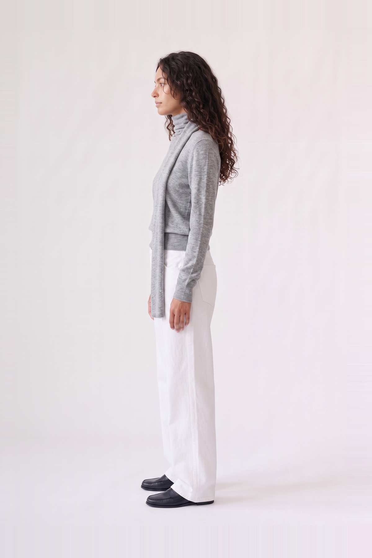 Wren Top in light grey — side view showing the draped scarf falling from the shoulder