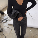 Margaux black deep V henley top, product flat lay