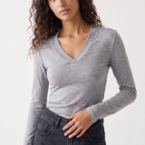 Margaux Deep V Henley Top in grey — close-up of the deep V neckline and button placket