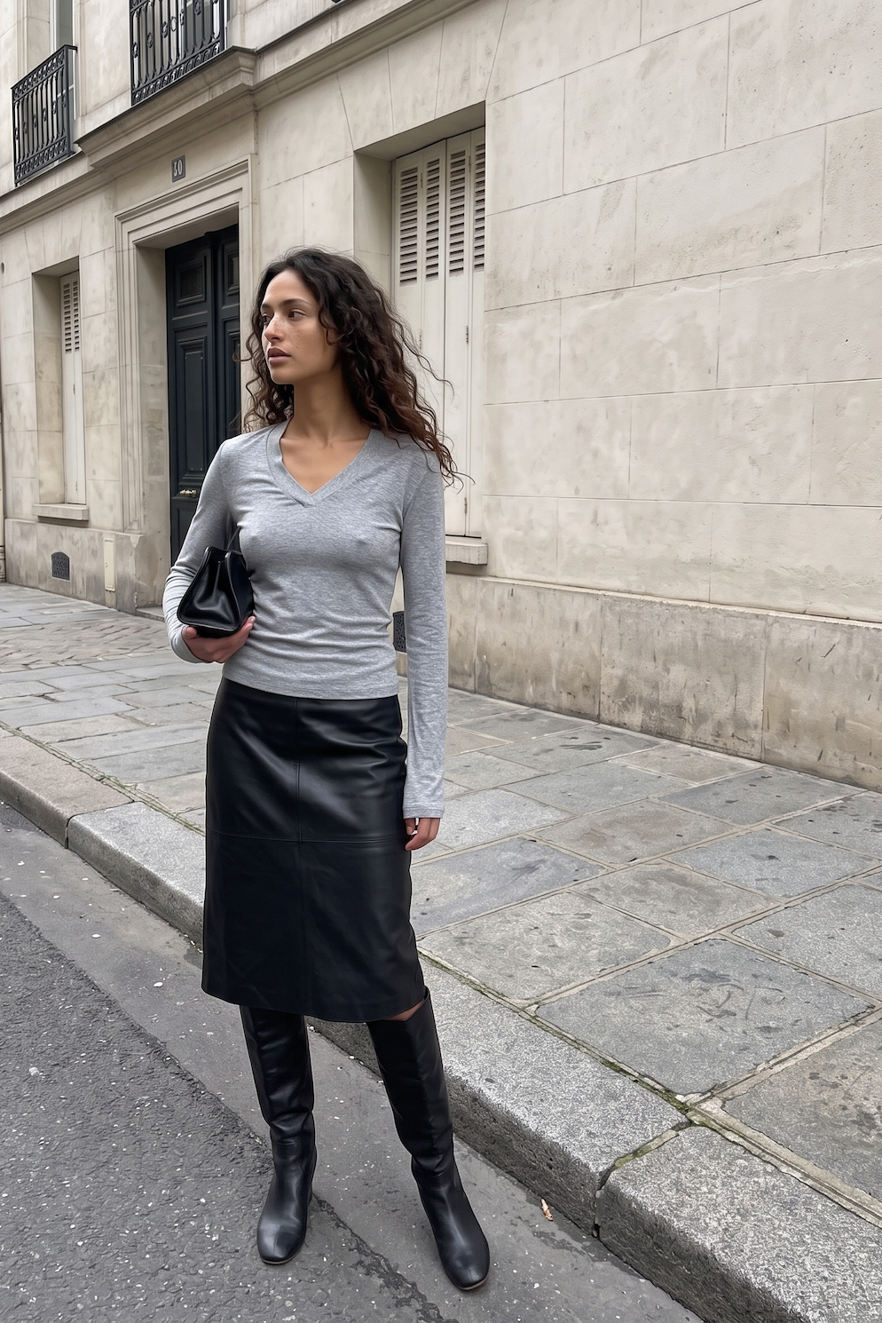 Margaux Deep V Henley Top in grey — model wearing the soft stretch henley with deep V neckline