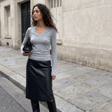 Margaux Deep V Henley Top in grey — model wearing the soft stretch henley with deep V neckline