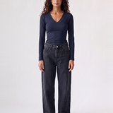 Margaux Deep V Henley Top in navy — front view, tucked, soft stretch henley with deep V neckline