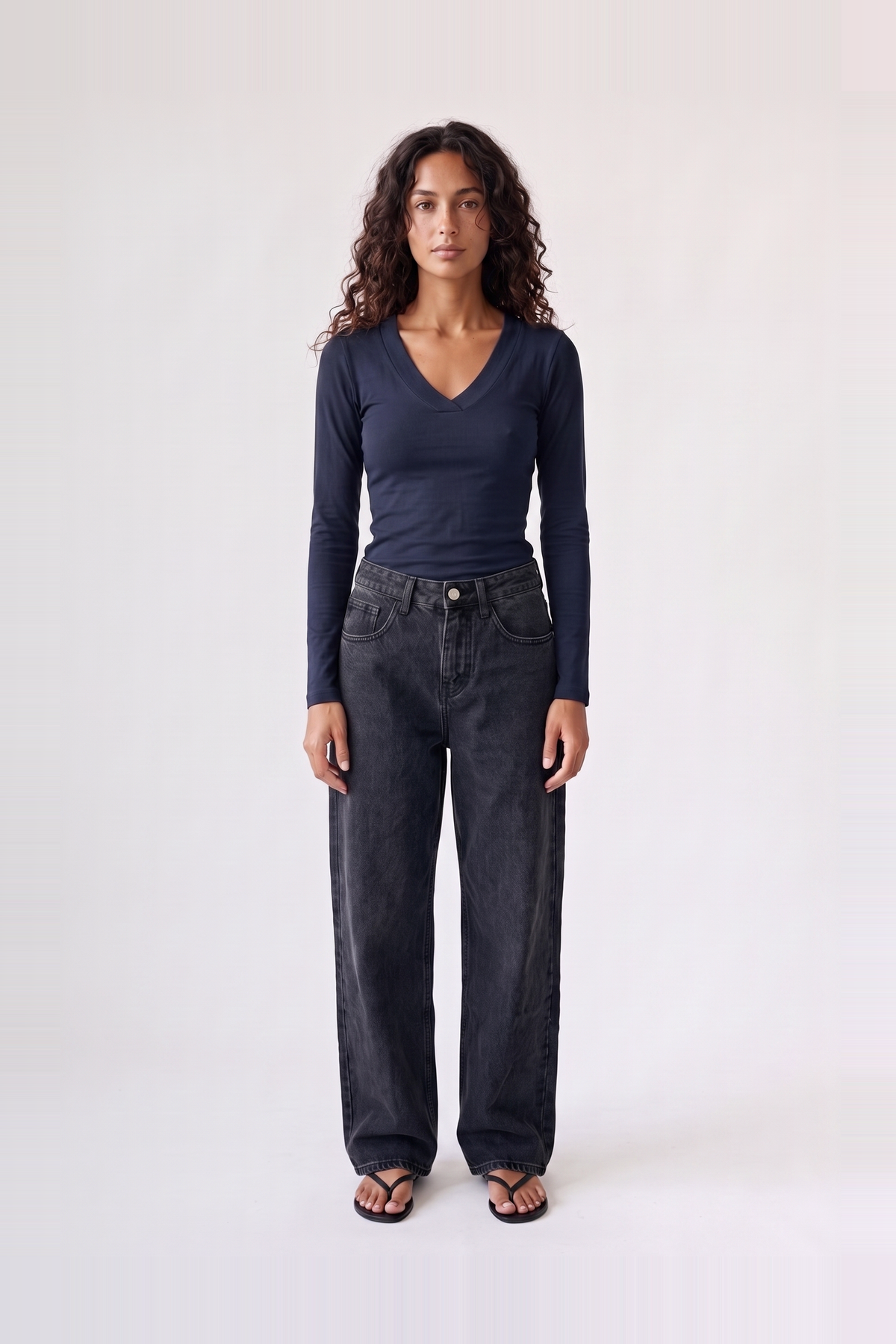 Margaux Deep V Henley Top in navy — front view, tucked, soft stretch henley with deep V neckline