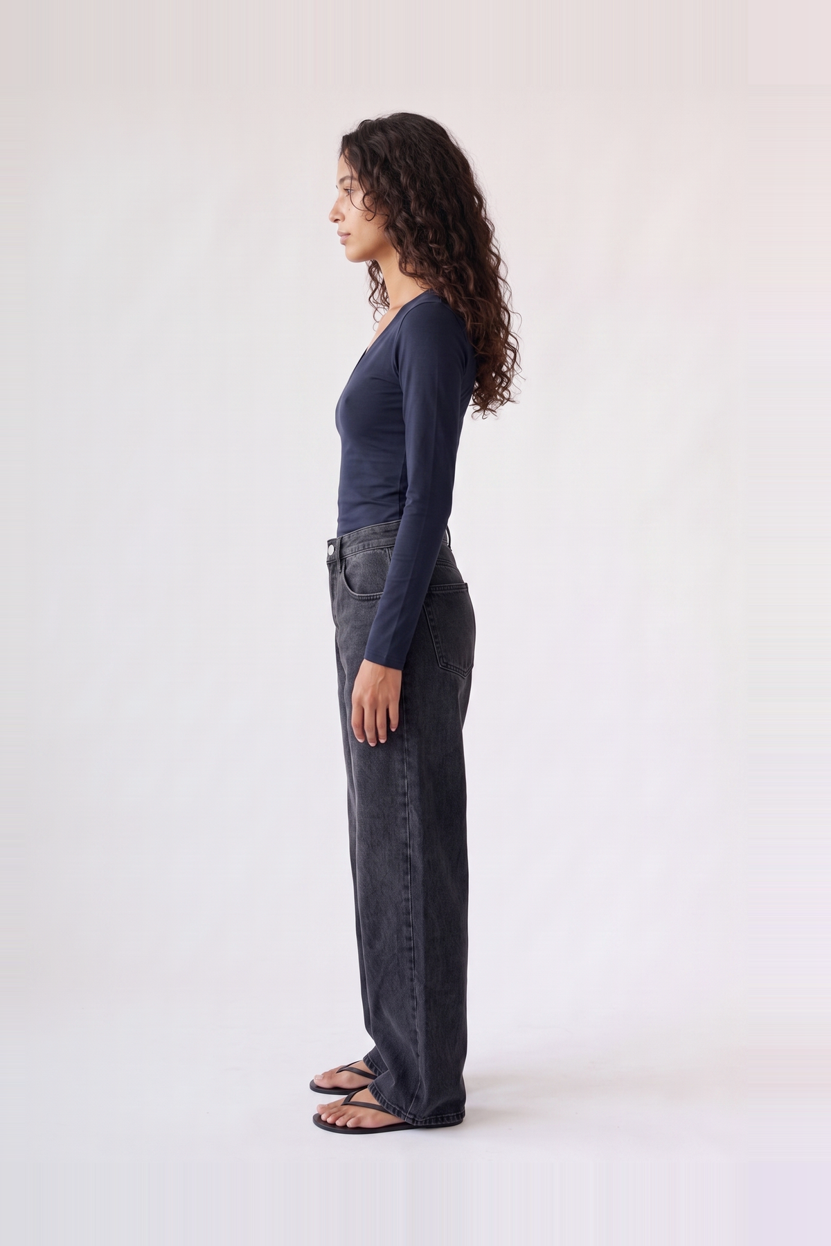 Margaux Deep V Henley Top in navy — side view of the soft stretch henley