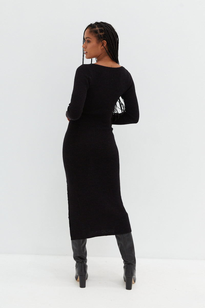 Scoop Neck Midi Dress - Black